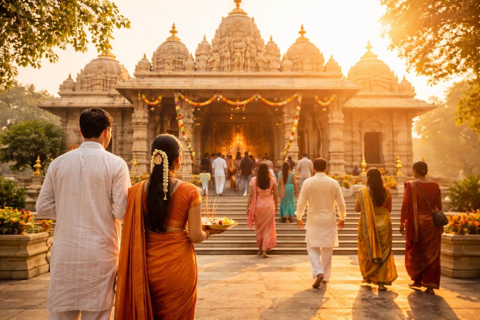 सुबह के समय मंदिर में भगवान के दर्शन के लिए जाते हुए भक्त