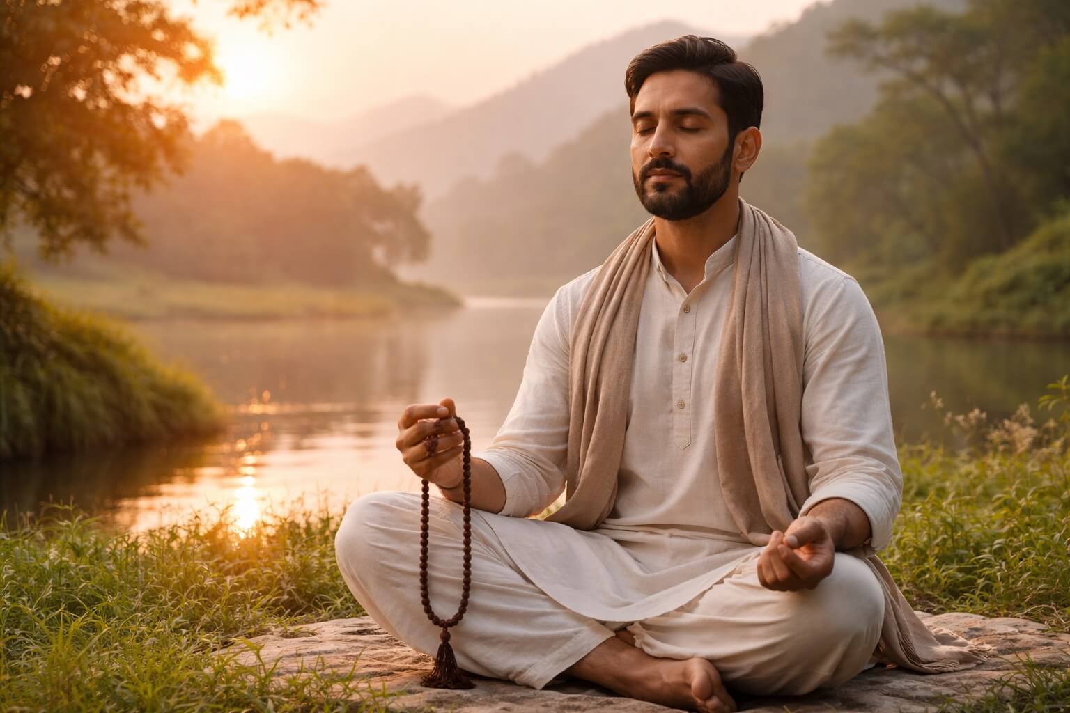 शांत प्राकृतिक वातावरण में माला के साथ ध्यान करते हुए व्यक्ति।