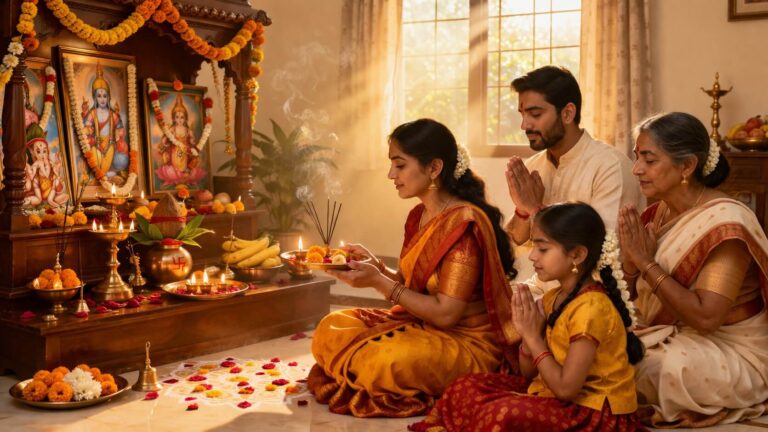 घर के मंदिर में सुबह के समय दीपक और फूलों के साथ पूजा करता हुआ परिवार ।