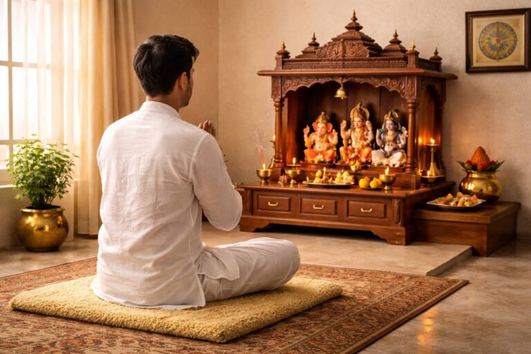 पूजा करते समय आसन पर बैठा हुआ व्यक्ति और सामने घर का मंदिर