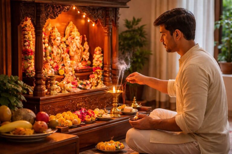 घर के मंदिर में दीपक और धूप के साथ भगवान की पूजा करते हुए व्यक्ति