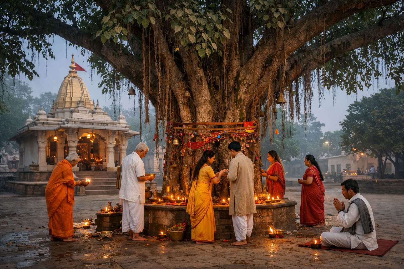 मंदिर के पास स्थित पीपल का पवित्र पेड़ जिसकी पूजा करते श्रद्धालु