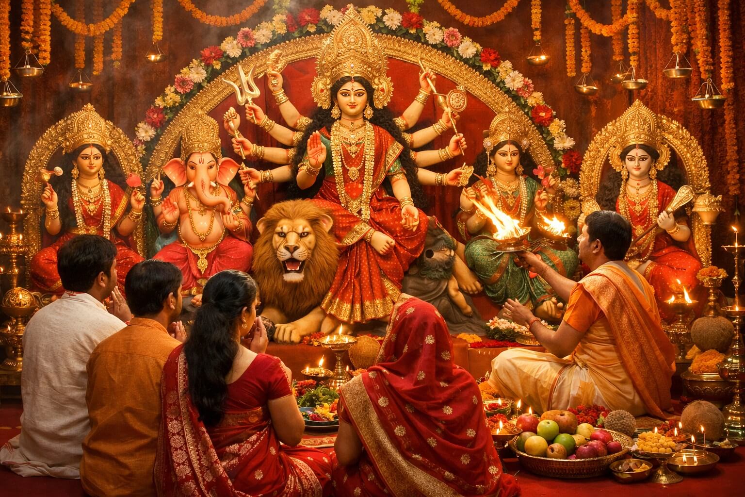 माँ दुर्गा की प्रतिमा के सामने पूजा करते श्रद्धालु, नवरात्रि का पवित्र दृश्य