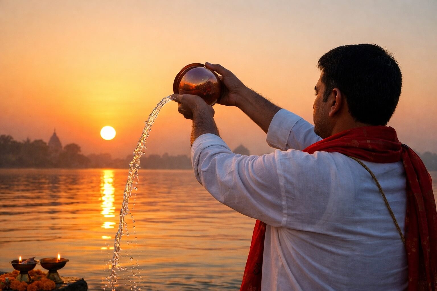 सुबह के समय सूर्य देव को जल अर्पित करते हुए श्रद्धालु, तांबे के लोटे से सूर्य को अर्घ्य देते हुए