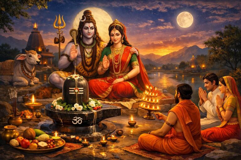भगवान शिव की पूजा करते हुए प्रदोष व्रत का दृश्य, दीपक और बेलपत्र के साथ