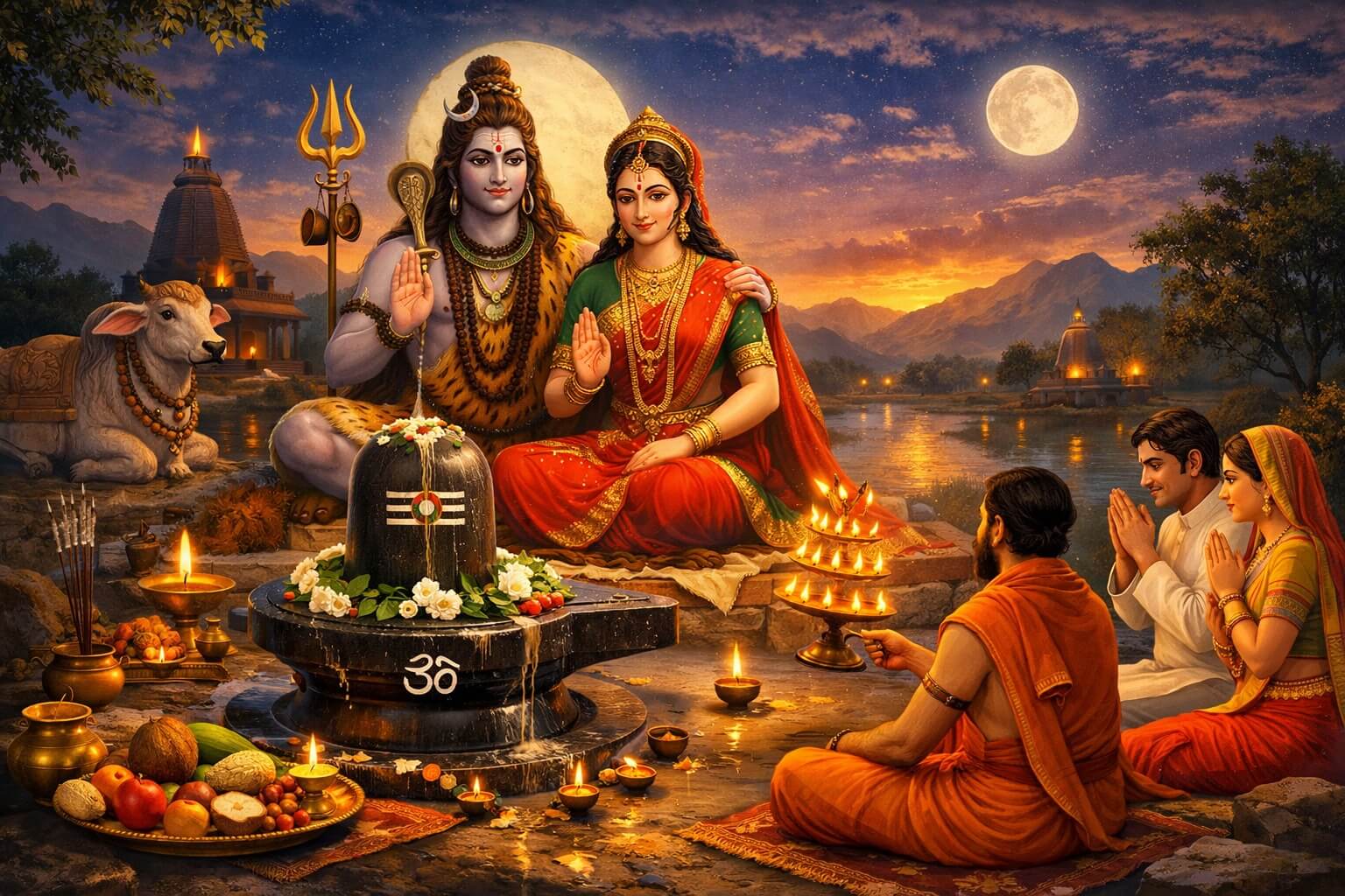 भगवान शिव की पूजा करते हुए प्रदोष व्रत का दृश्य, दीपक और बेलपत्र के साथ