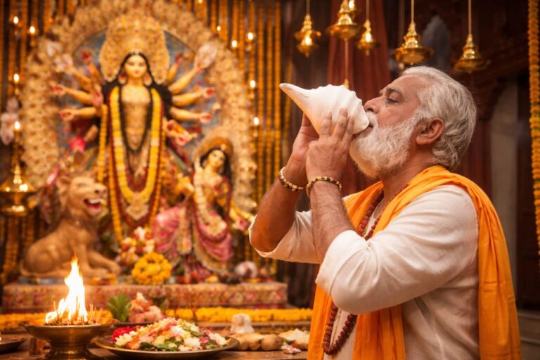 पूजा के समय मंदिर में शंख बजाते हुए पुजारी