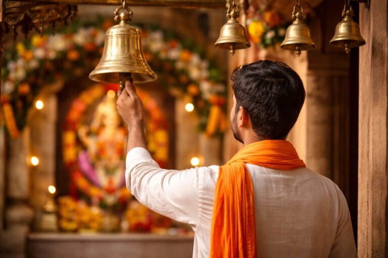 मंदिर में भक्त द्वारा श्रद्धा से घंटी बजाते हुए