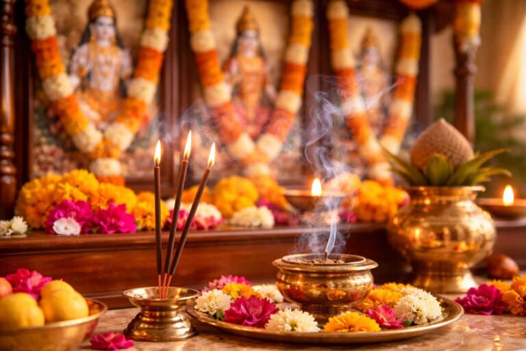 भगवान के सामने जलती हुई अगरबत्ती और धूप से उठता हुआ सुगंधित धुआँ तथा फूलों से सजा मंदिर।