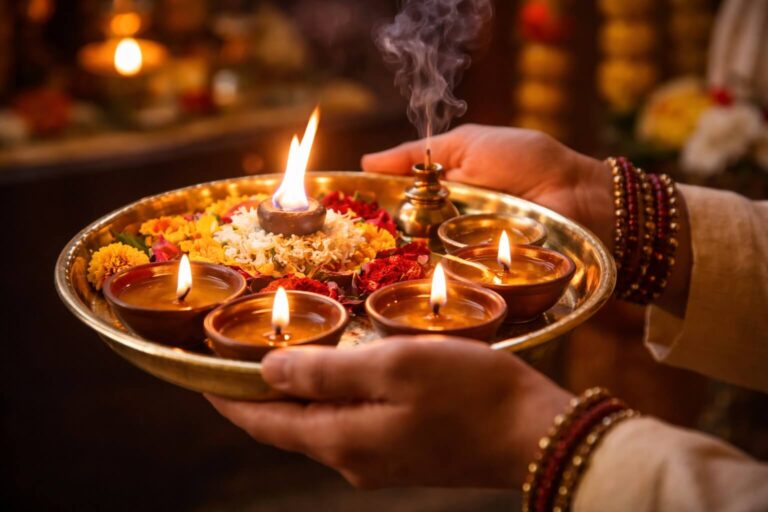 पूजा के दौरान आरती की थाली में जलता हुआ कपूर
