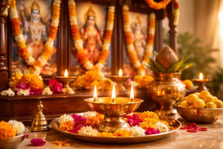 पूजा के समय भगवान के सामने जलता हुआ पीतल का दीपक और फूलों से सजा हुआ मंदिर।