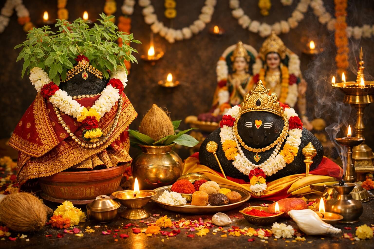 तुलसी के पौधे और भगवान विष्णु के शालिग्राम के साथ तुलसी विवाह की पूजा का दृश्य