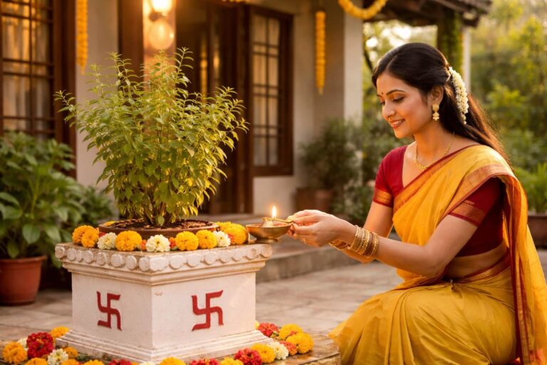 घर के आंगन में तुलसी के पौधे के सामने दीपक जलाकर पूजा करते हुए व्यक्ति।