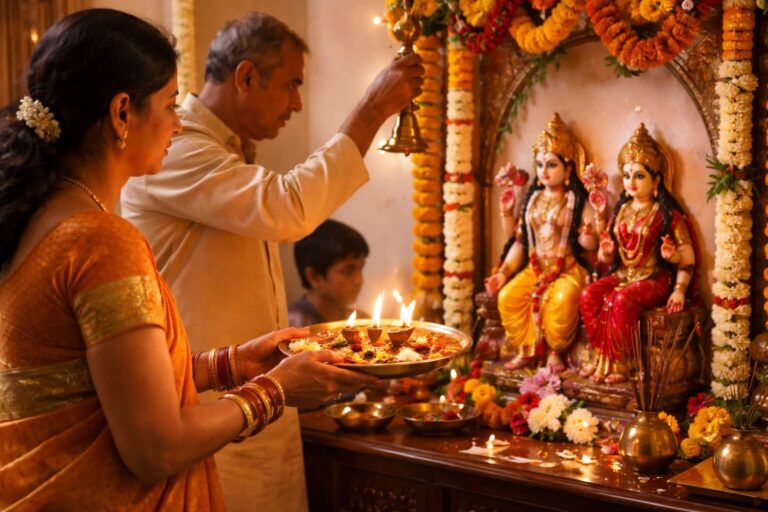 दीपक और घंटी के साथ भगवान की आरती करते हुए भक्त