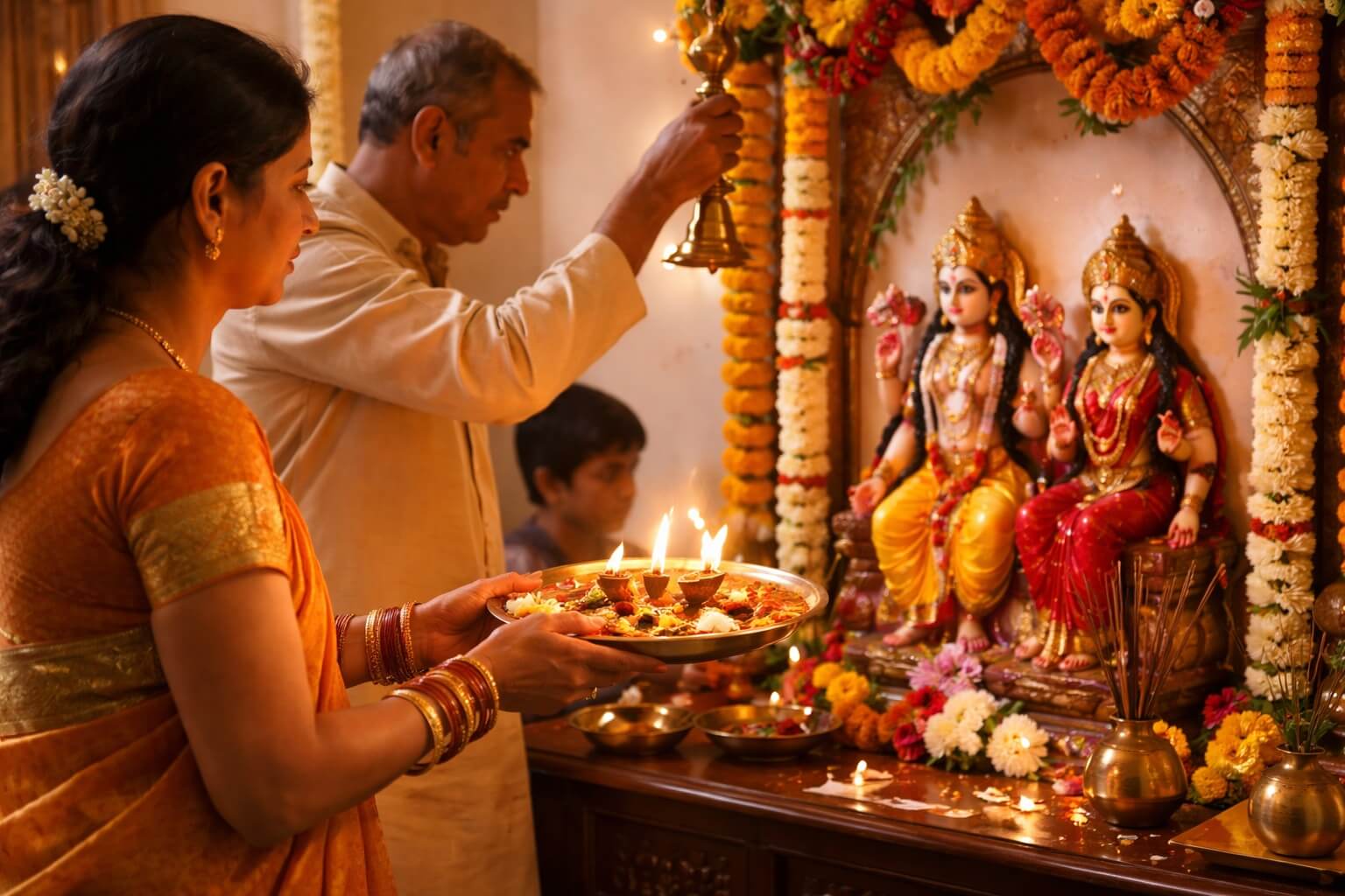 दीपक और घंटी के साथ भगवान की आरती करते हुए भक्त