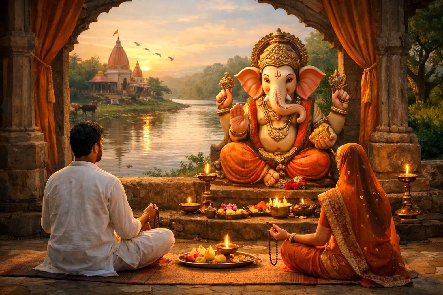 भगवान गणेश के सामने ध्यान करते हुए भक्त और गणेश मंत्र जप
