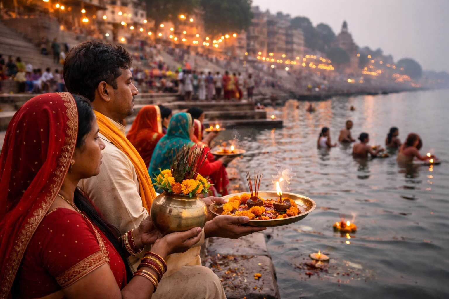 गंगा नदी के घाट पर गंगाजल से पूजा करते हुए श्रद्धालु