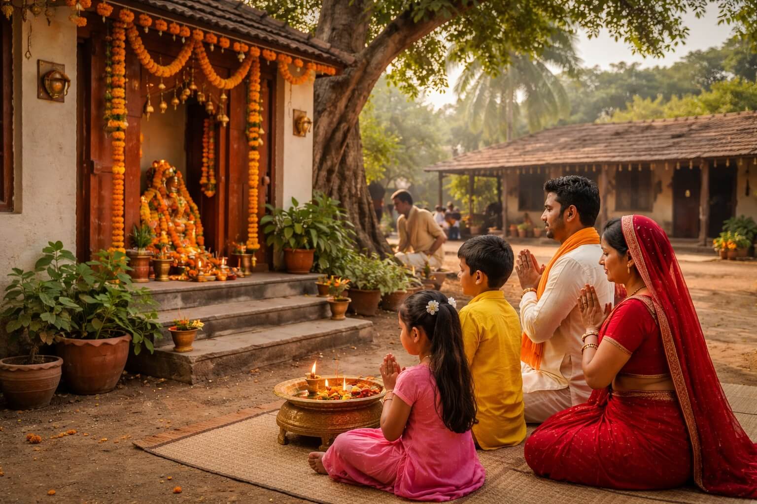 सुबह के समय घर के आँगन के मंदिर में दीपक जलाकर पूजा करते हुए परिवार