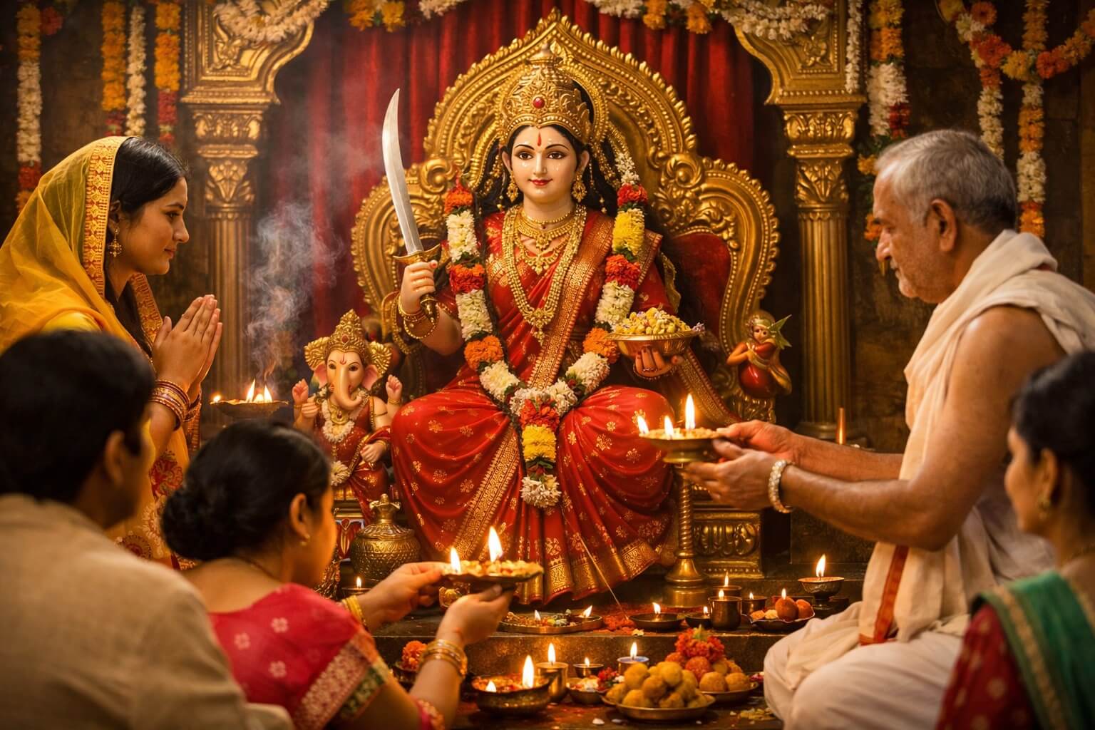 माँ संतोषी के मंत्र जप करते हुए भक्त और संतोषी माता की पूजा