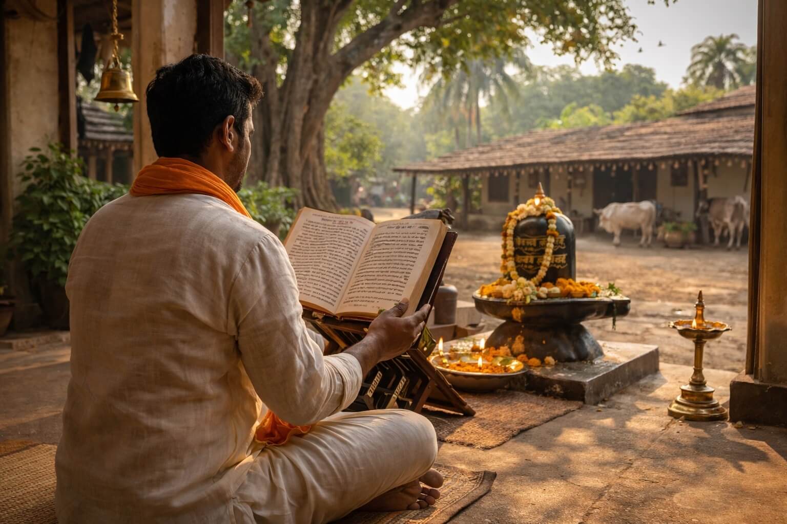 शिवलिंग के सामने शिव महापुराण का पाठ करते हुए भक्त