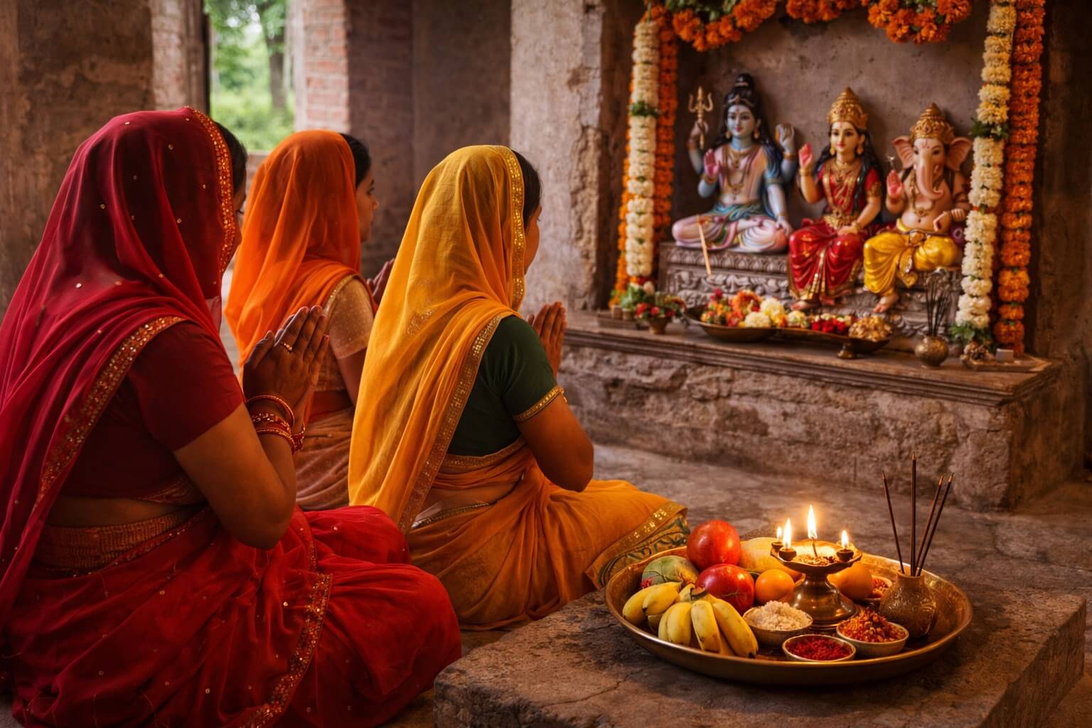 गांव के मंदिर में भगवान के सामने पूजा की थाली, दीपक और फल के साथ व्रत कर रही गांव की महिलाएं