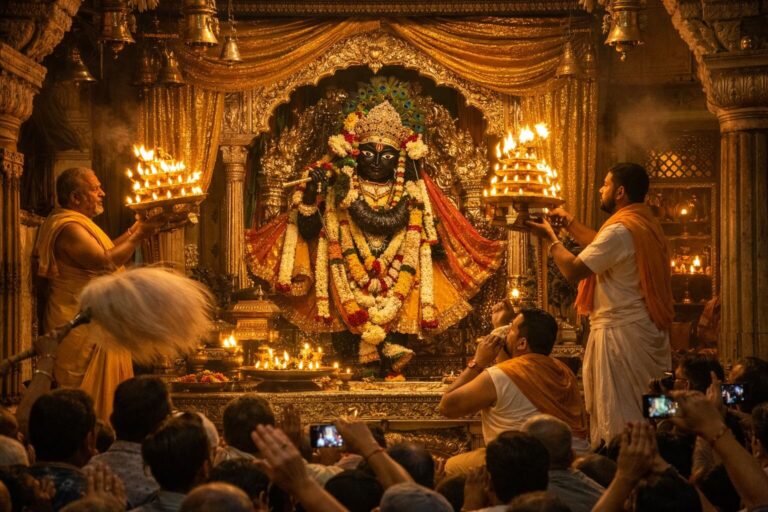 श्री बांके बिहारी जी की आरती करते हुए भक्त