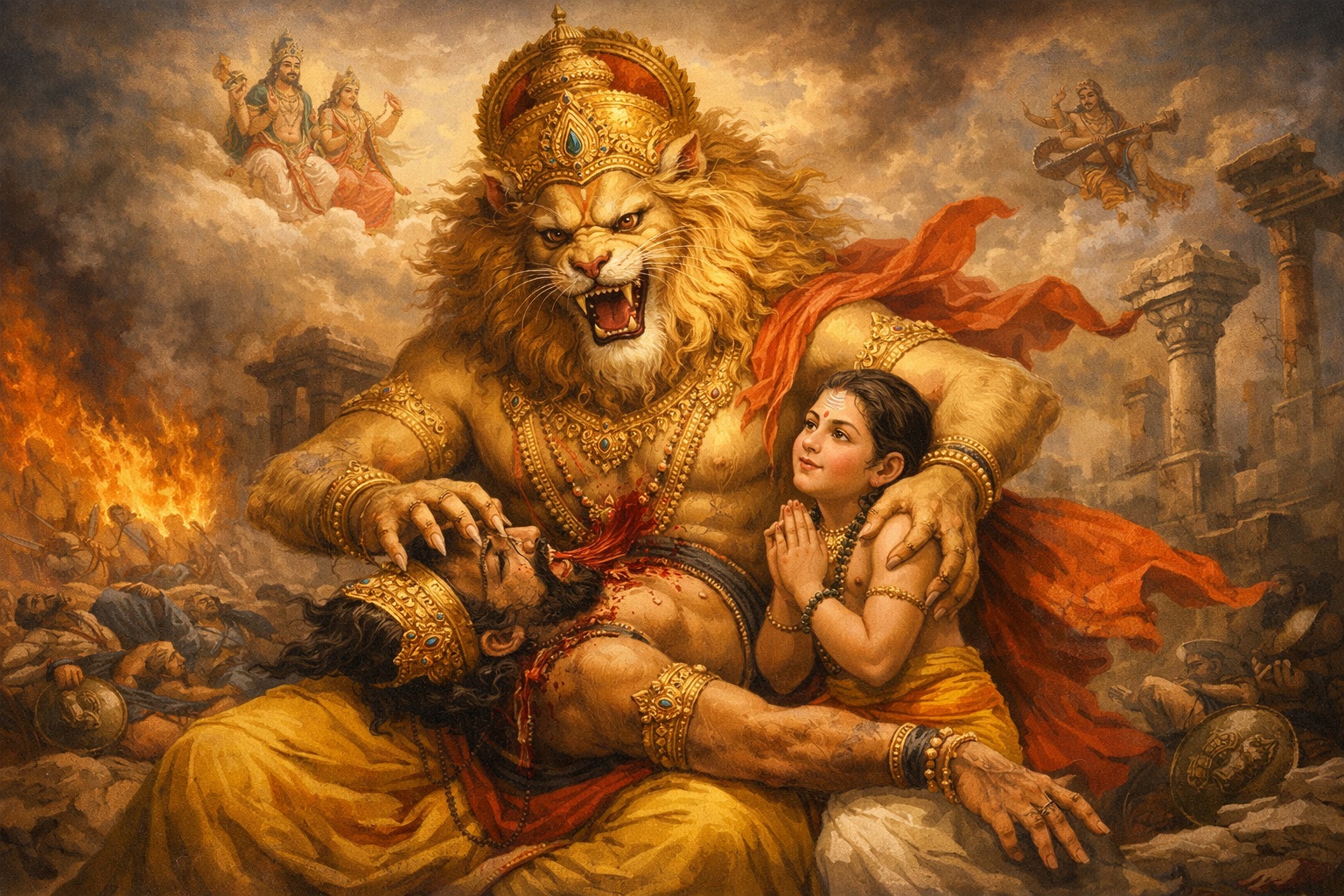 भगवान नरसिंह का भक्त प्रह्लाद की रक्षा करते हुए चित्र