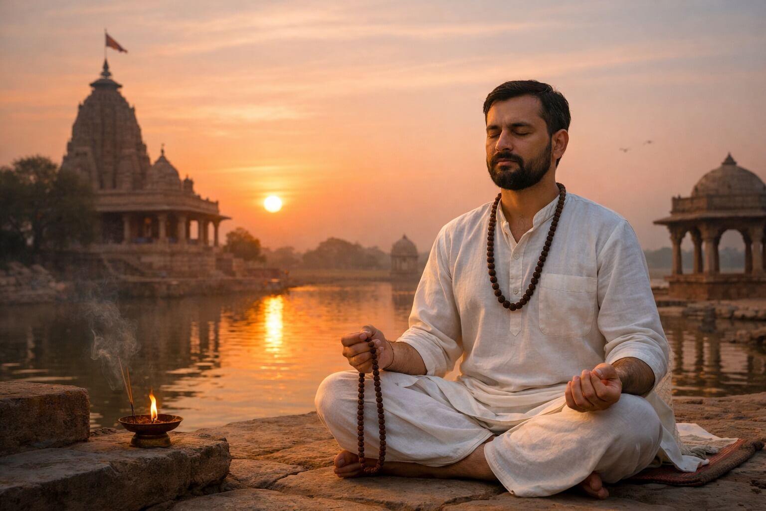 ध्यान मुद्रा में बैठा साधक मंत्र जप करते हुए, पृष्ठभूमि में सूर्योदय और मंदिर का शांत वातावरण
