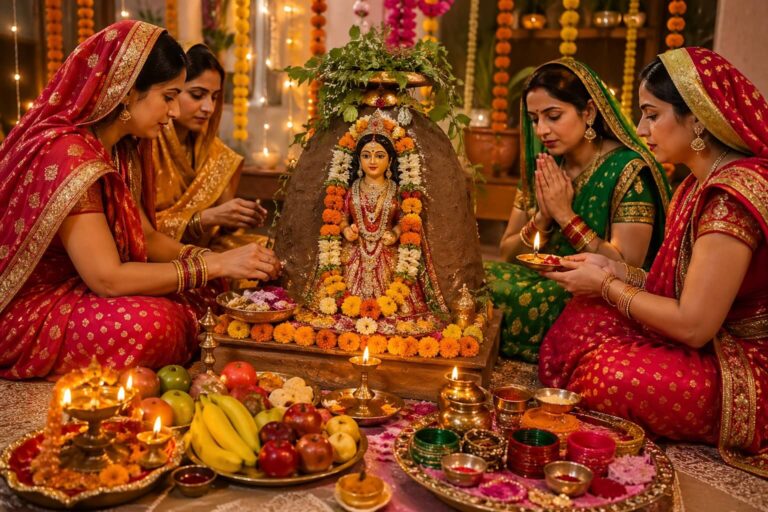 हरतालिका तीज पर माता पार्वती की पूजा और आरती करते हुए महिलाएं