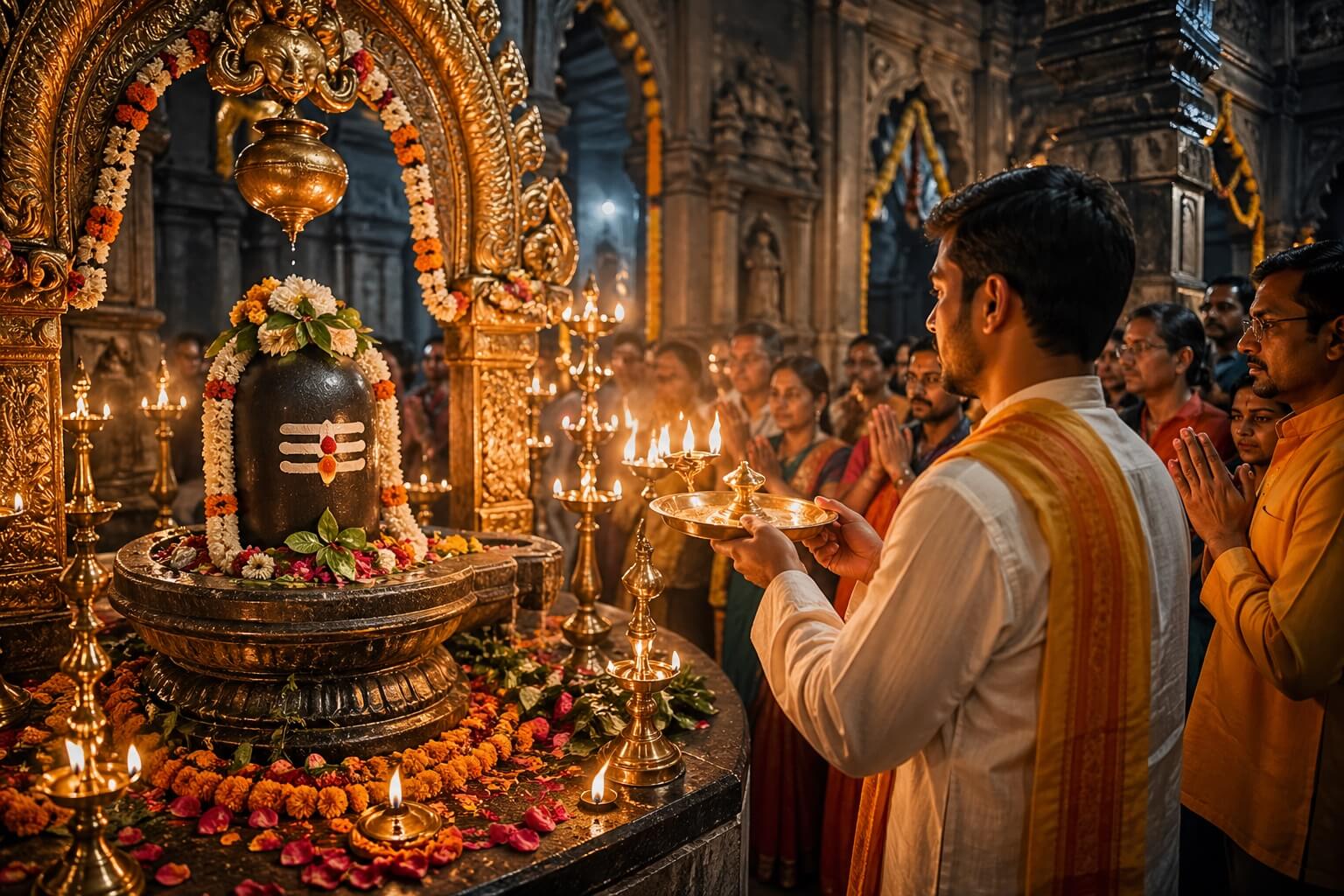 भगवान शिव की आरती करते हुए भक्तों का शांत आध्यात्मिक दृश्य
