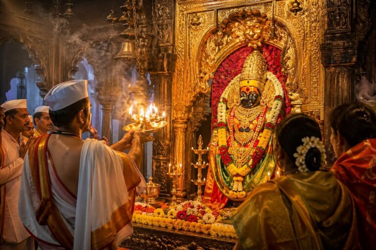 तुलजापुर मंदिर में माँ तुळजा भवानी की आरती का दिव्य दृश्य, दीपक और भक्तों के साथ